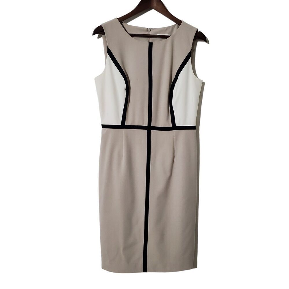 Calvin Klein Colorblock Scuba Sheath Dress Size 10 Tan White Sleeveless Womens